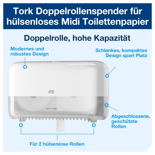 Tork Doppelrollenspender für hülsenloses Midi Toilettenpapier